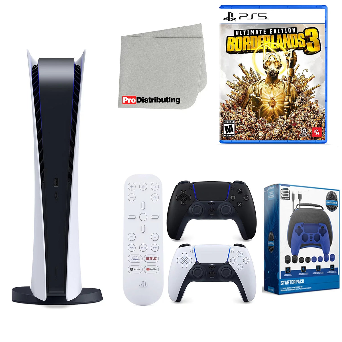Playstation 5 Digital Version with Extra Controller, Media Remote and Accessory Starter Kit Y445