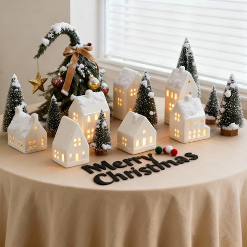 White Ceramic Christmas Village Set with LED Tea Lights and Mini Trees I597