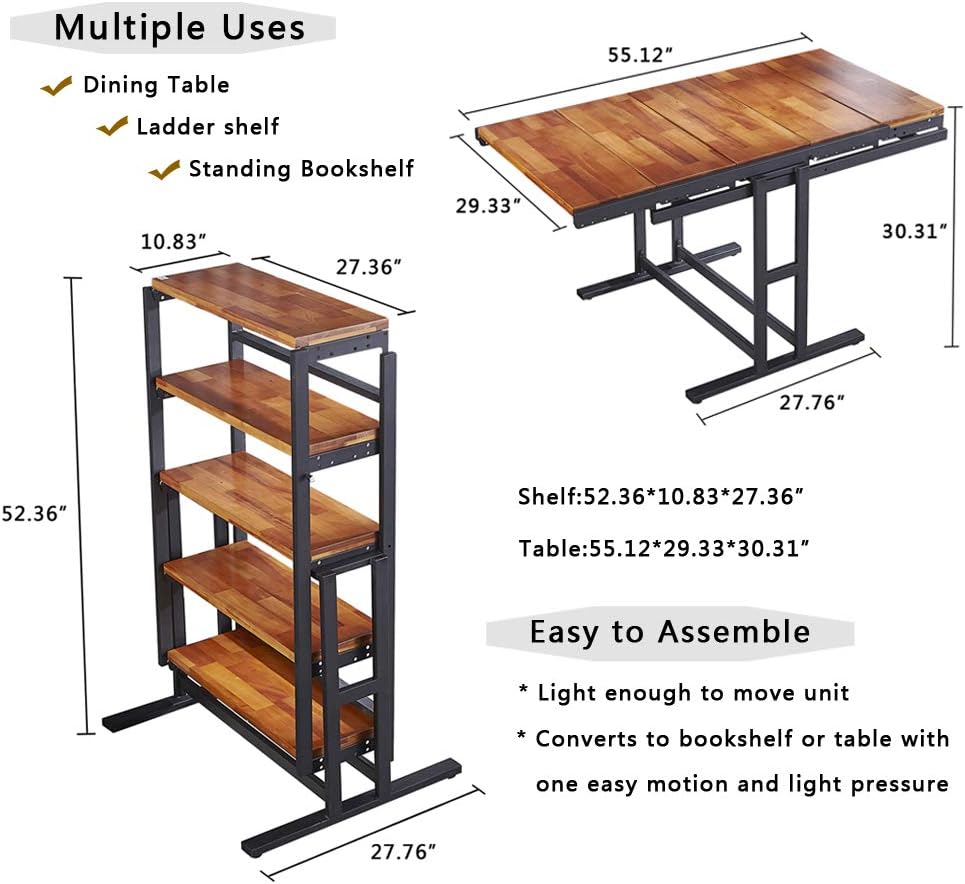 Convertible Shelf Desk, Swing Dining Table Shelves, Wooden and Metal Display Bookcase Rack H210081