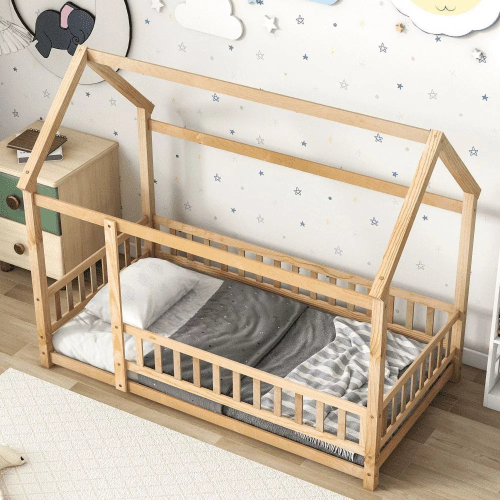 White Full Size Floor Bed with Fence Guardrails and Roof V98970