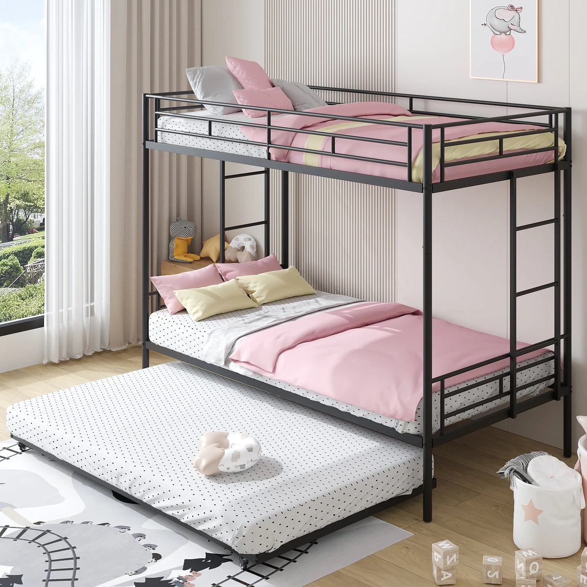 Black Metal Twin Over Twin Bunk Bed with Trundle Q97265