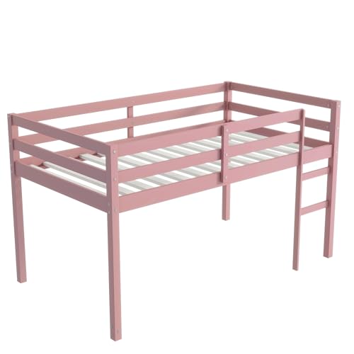 Twin Size White Wooden Low Loft Bed with Guardrail and Ladder P4594