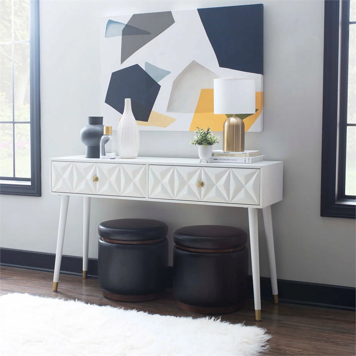 Glossy White Wood Console Table with Drawers D562