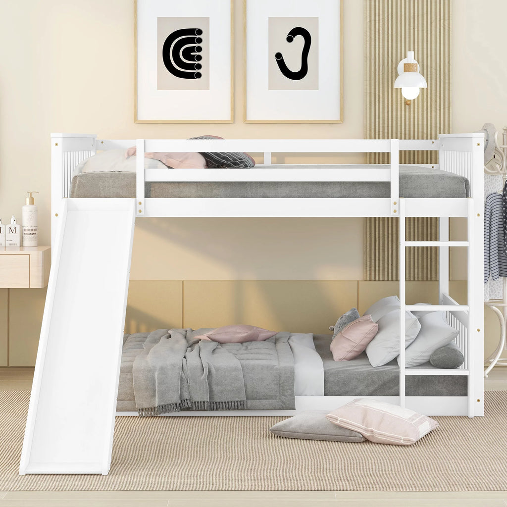 White Full over Full Wood Bunk Bed with Slide and Ladder V74605