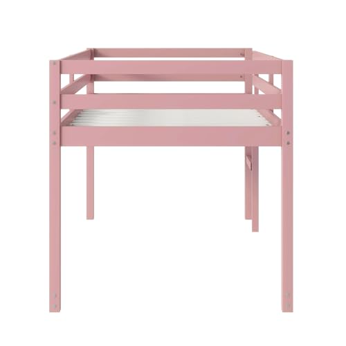Twin Size White Wooden Low Loft Bed with Guardrail and Ladder P4594