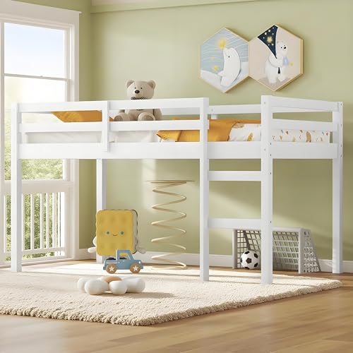 Twin Size White Wooden Low Loft Bed with Guardrail and Ladder P4594