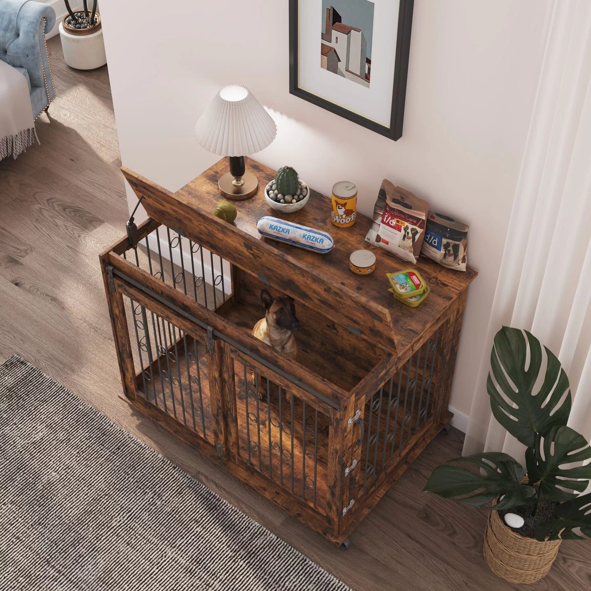 Large Wooden Dog Crate Furniture with Wheels E548