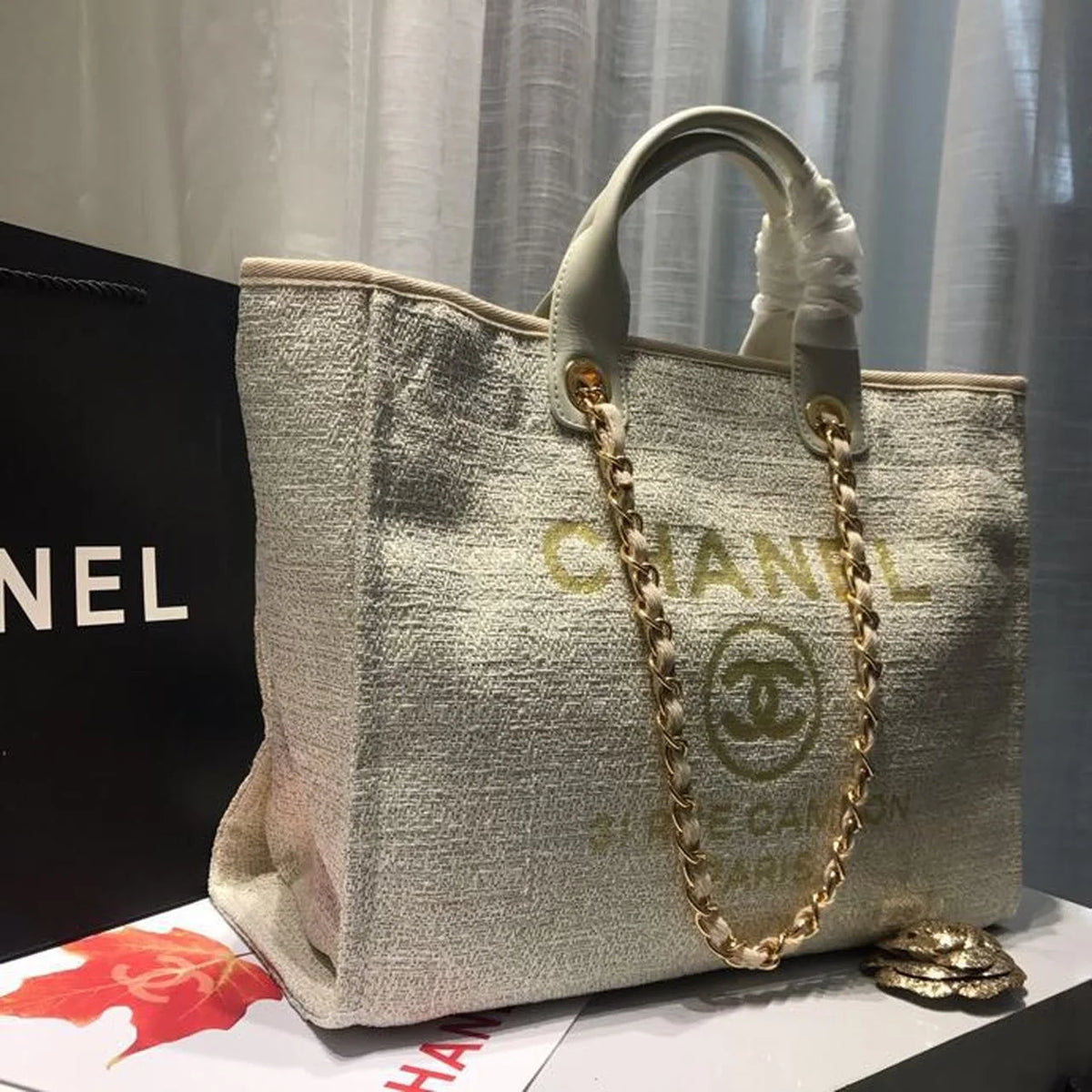 Beige Cream Tweed Canvas Tote Bag G2702