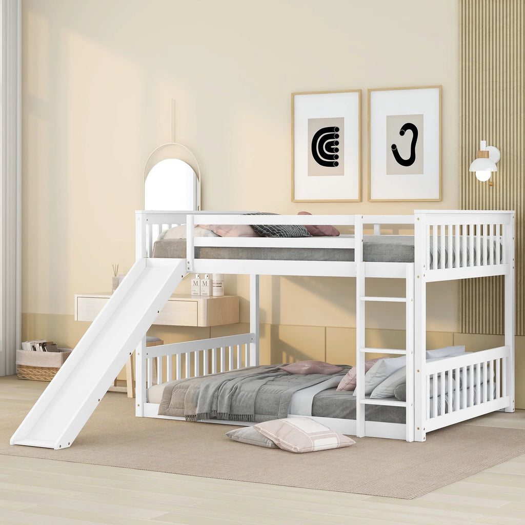 White Full over Full Wood Bunk Bed with Slide and Ladder V74605