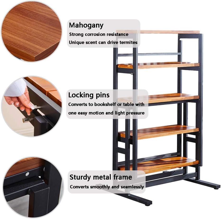 Convertible Shelf Desk, Swing Dining Table Shelves, Wooden and Metal Display Bookcase Rack H210081