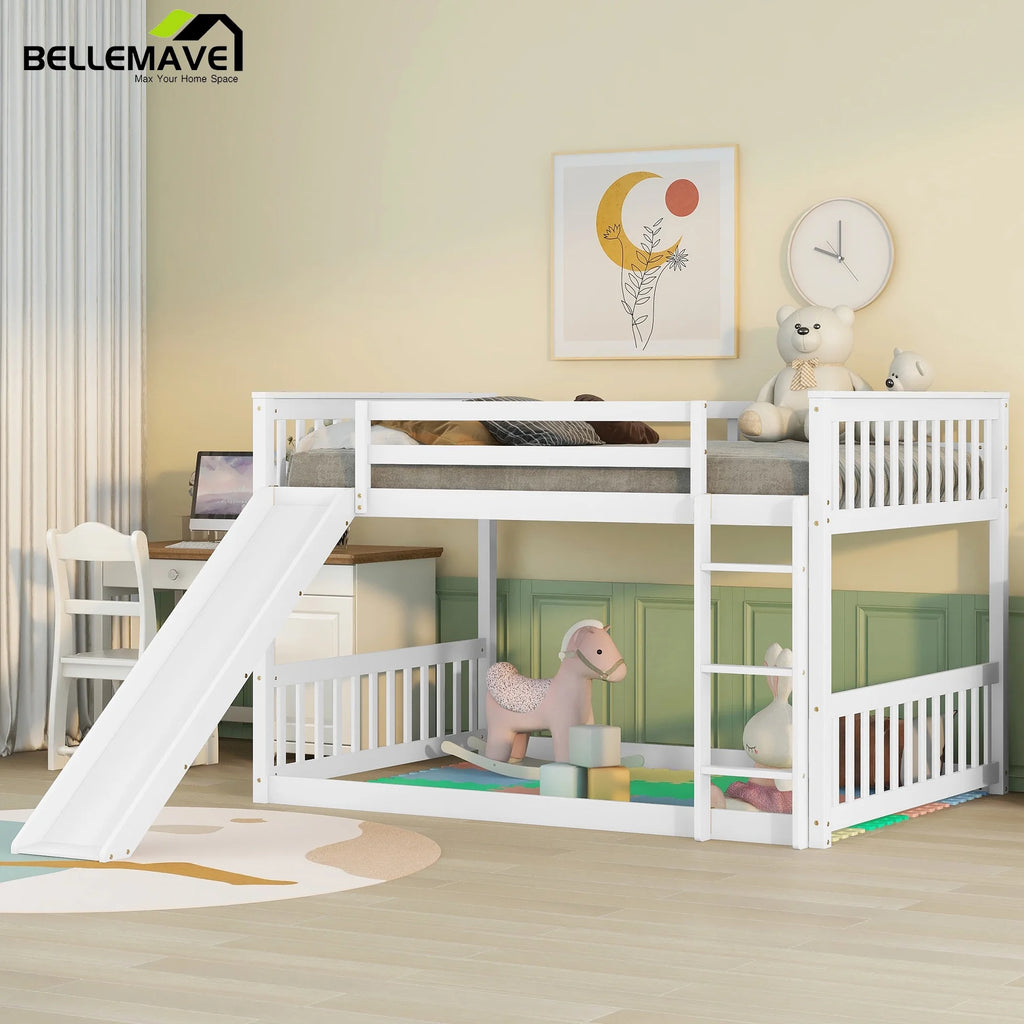 White Full over Full Wood Bunk Bed with Slide and Ladder V74605