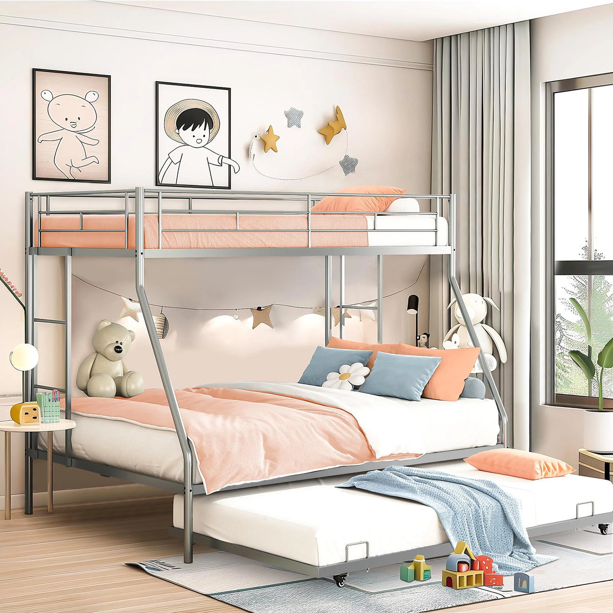 Black Metal Twin Over Twin Bunk Bed with Trundle Q97265