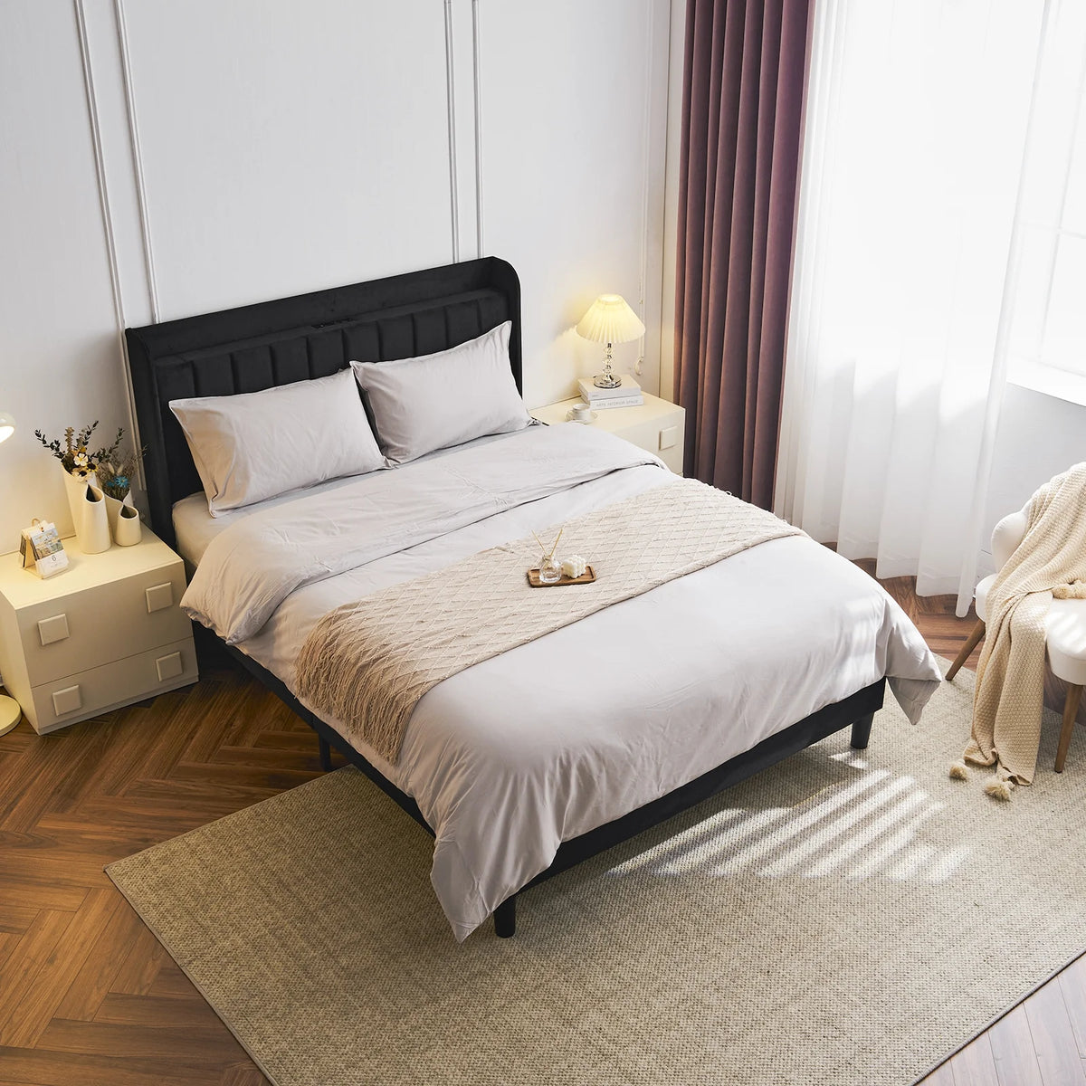 Queen Bed Frame with Charging Station and Upholstered Headboard M743270