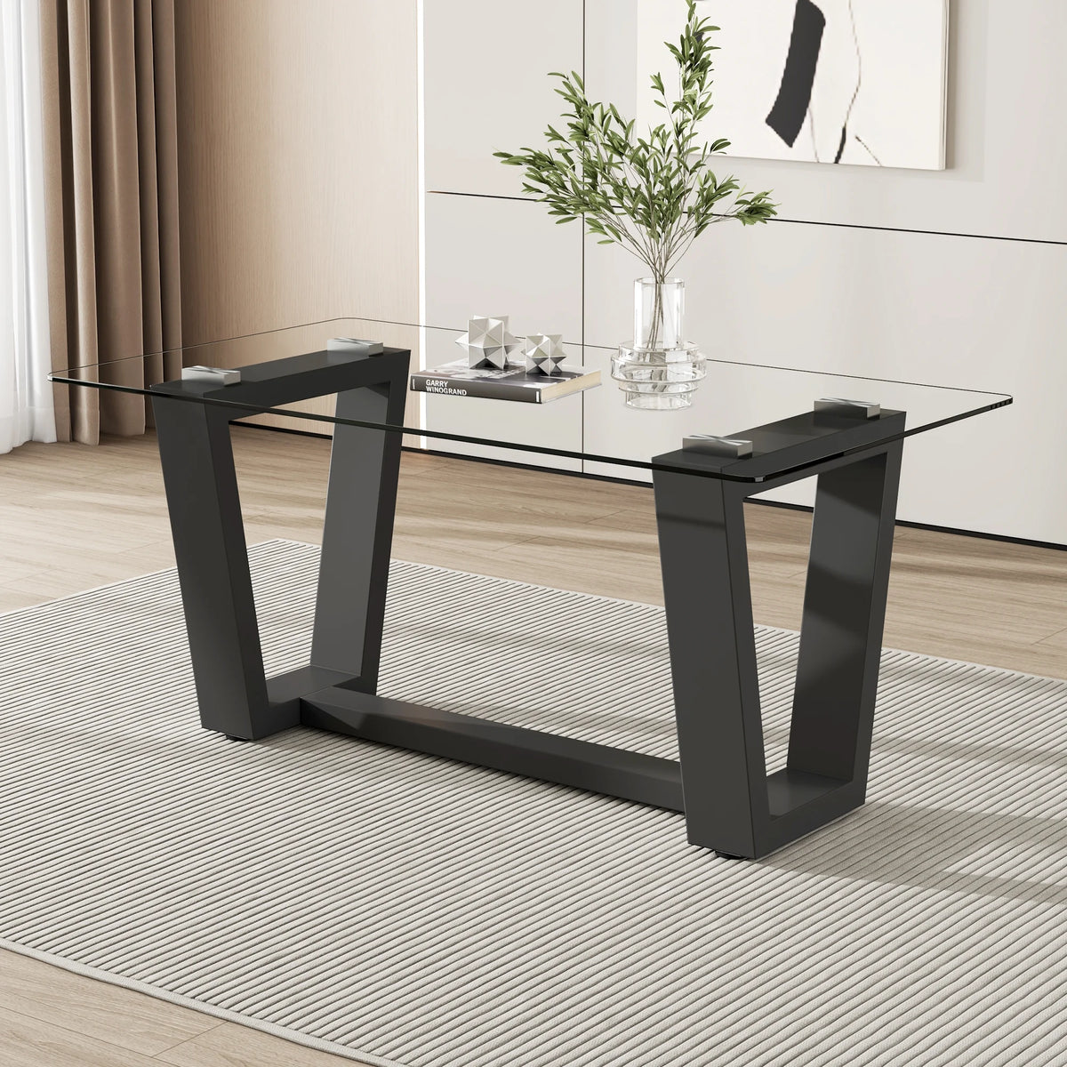 63" Rectangular Tempered Glass Dining Table with Black MDF Legs H632