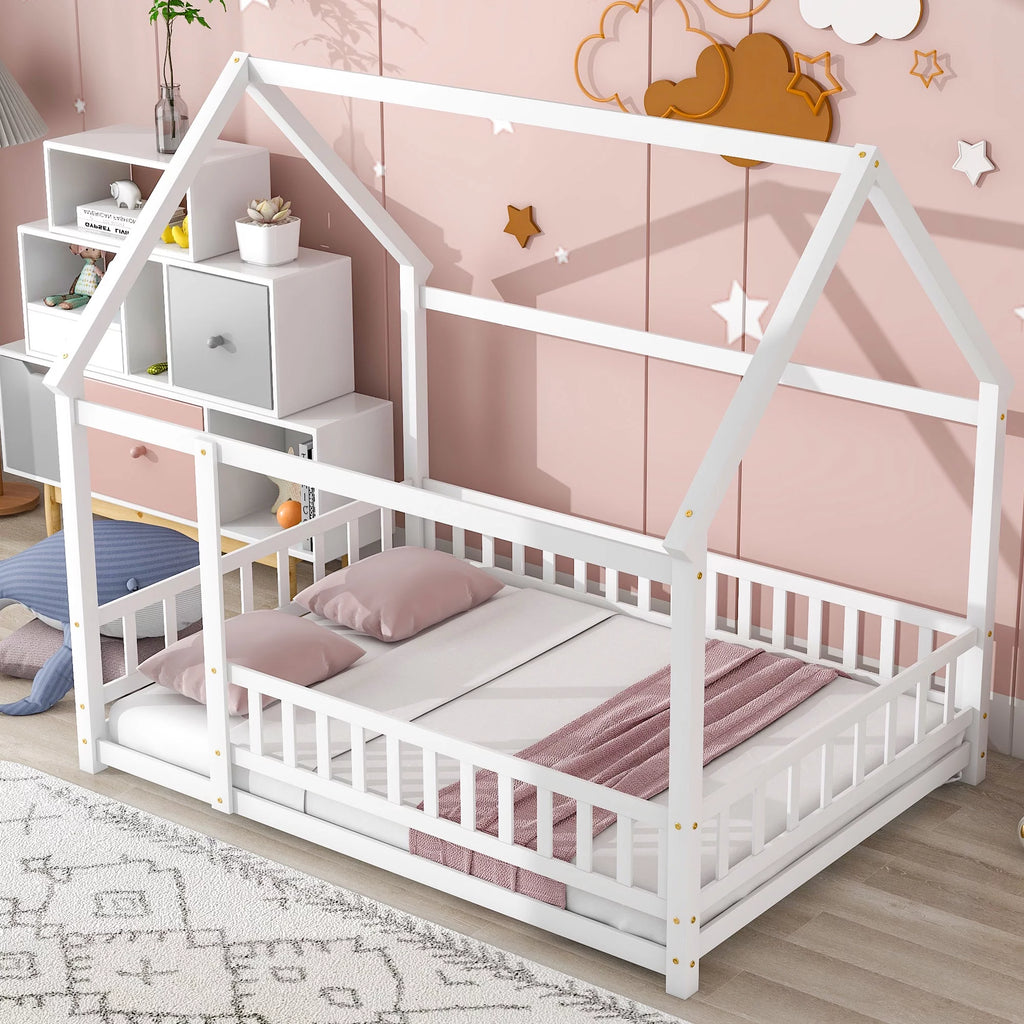 White Full Size Floor Bed with Fence Guardrails and Roof V98970