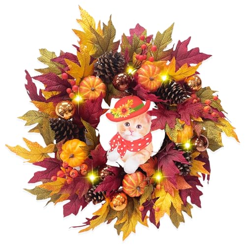 24" Fall Wreath with Pumpkins, Maple Leaves & Timer LED Lights W71762