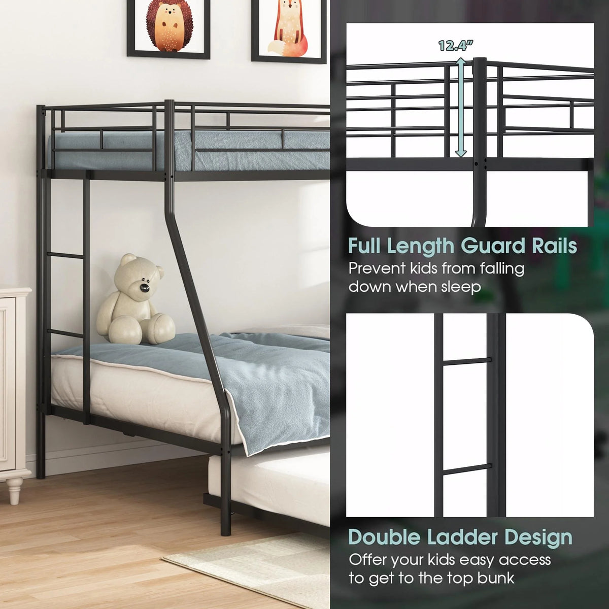 Black Metal Twin Over Twin Bunk Bed with Trundle Q97265