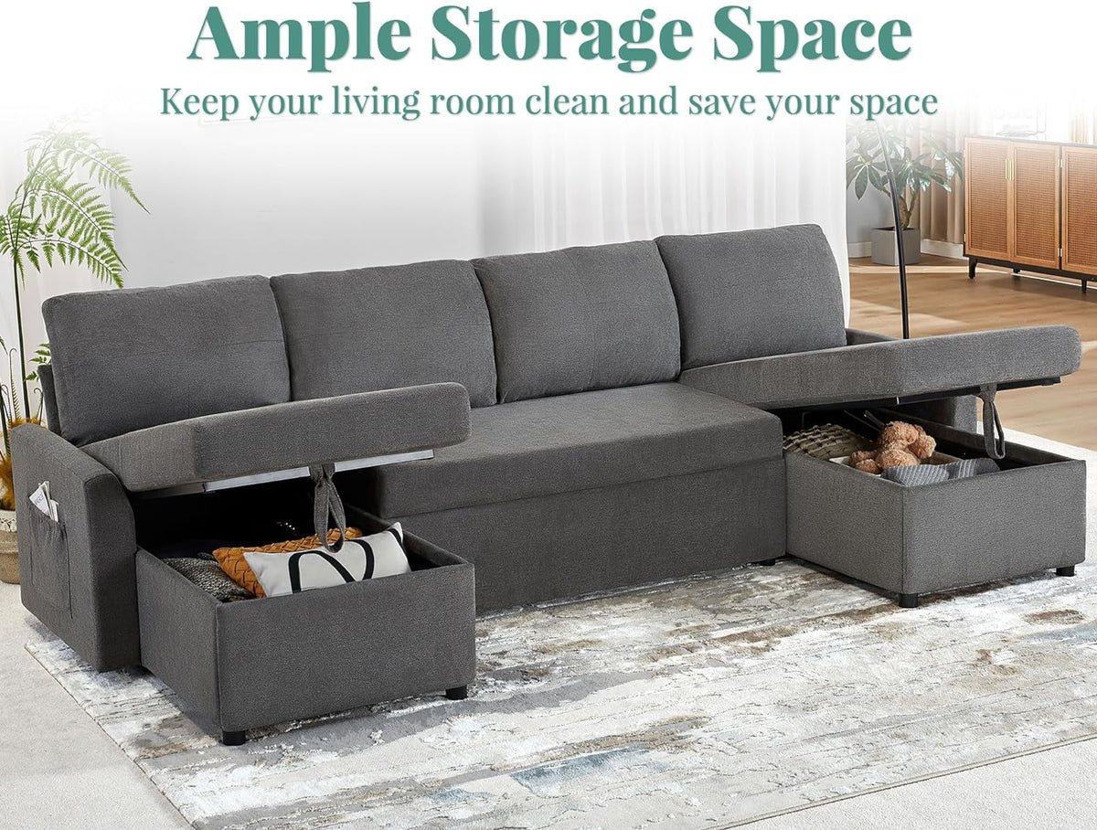 Gray Chenille Sleeper Sofa with Storage Chaise Z11846