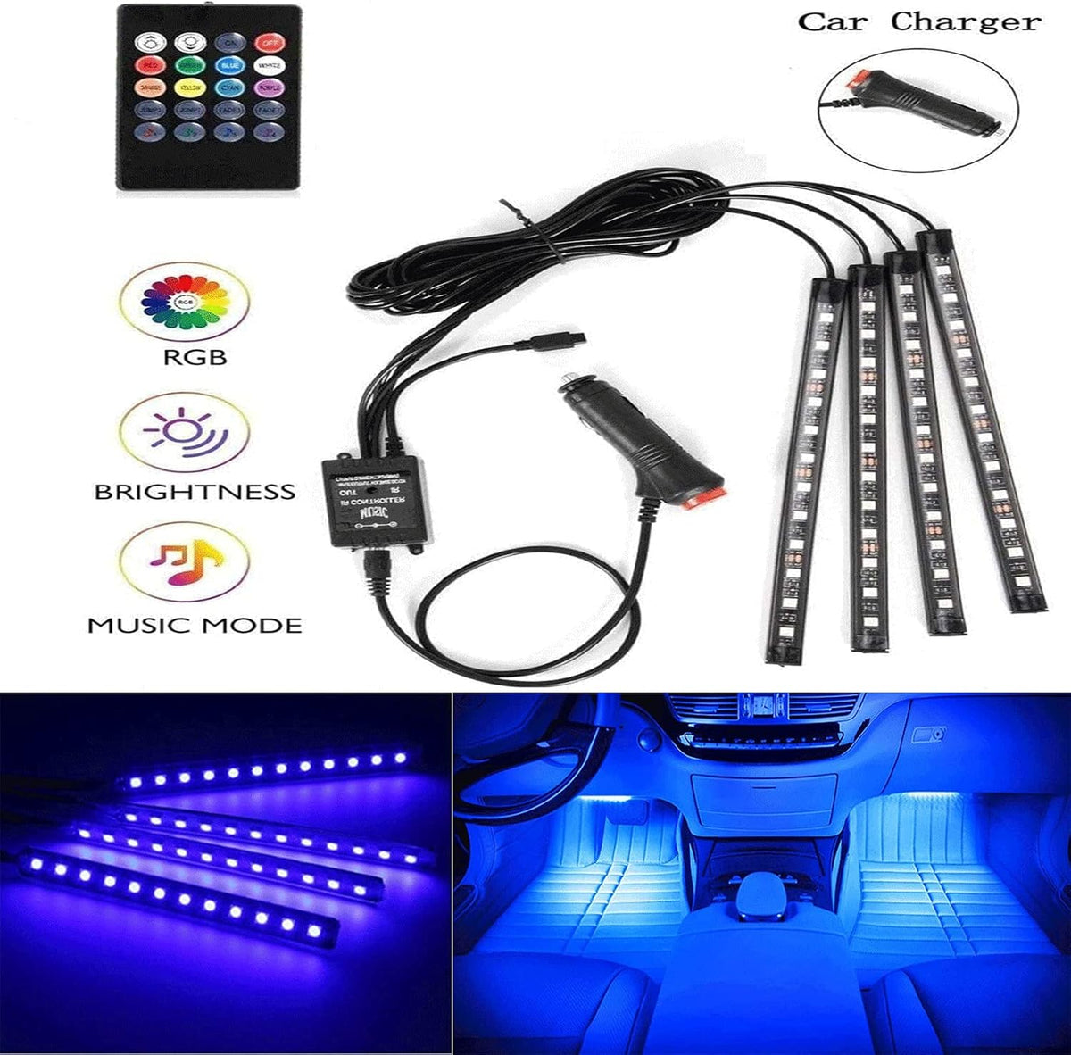 4pcs 48 LED Multi Color Car Light Strips with Remote Control J650132