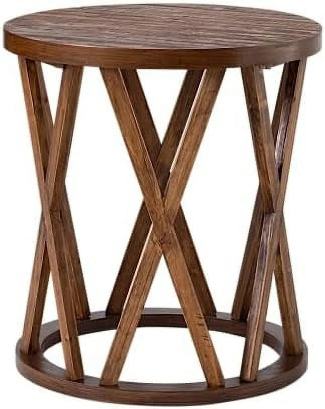 Farmhouse Round End Table with X-Motifs Legs Wood Textured Top J437456