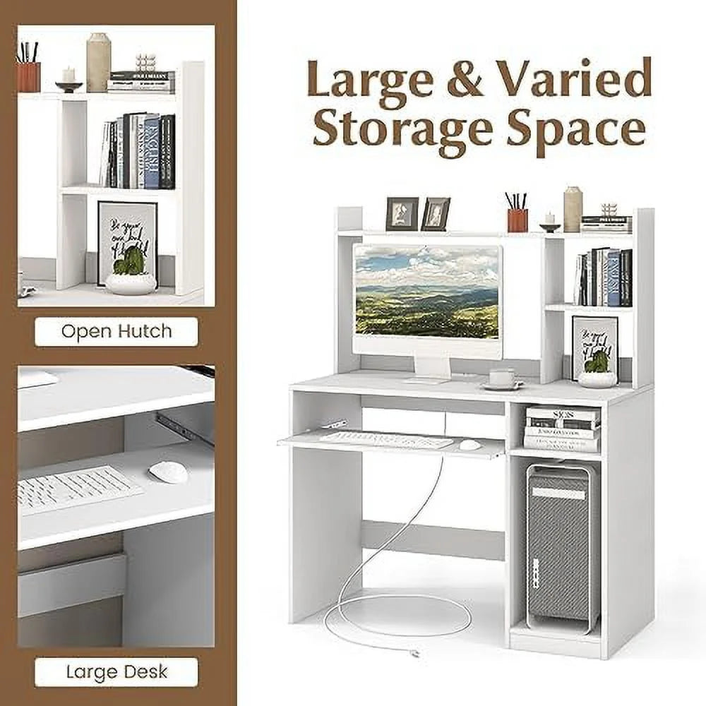 White Desk with Hutch and Charging Station C224870