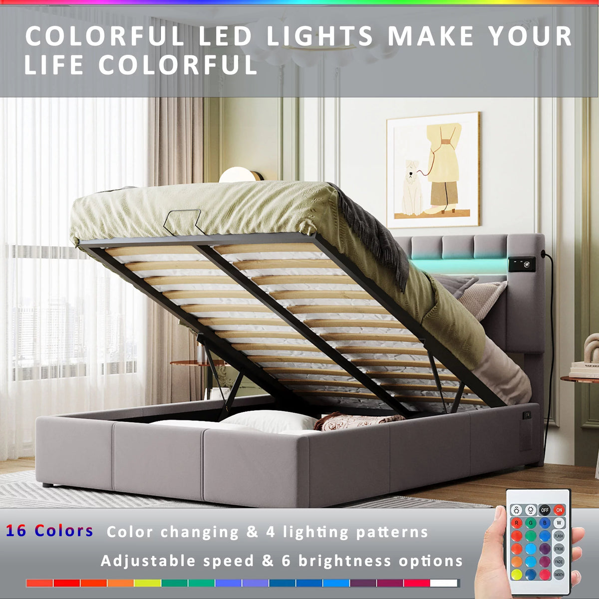 Full Size Velvet Upholstered Platform Bed with Storage and LED Light V524