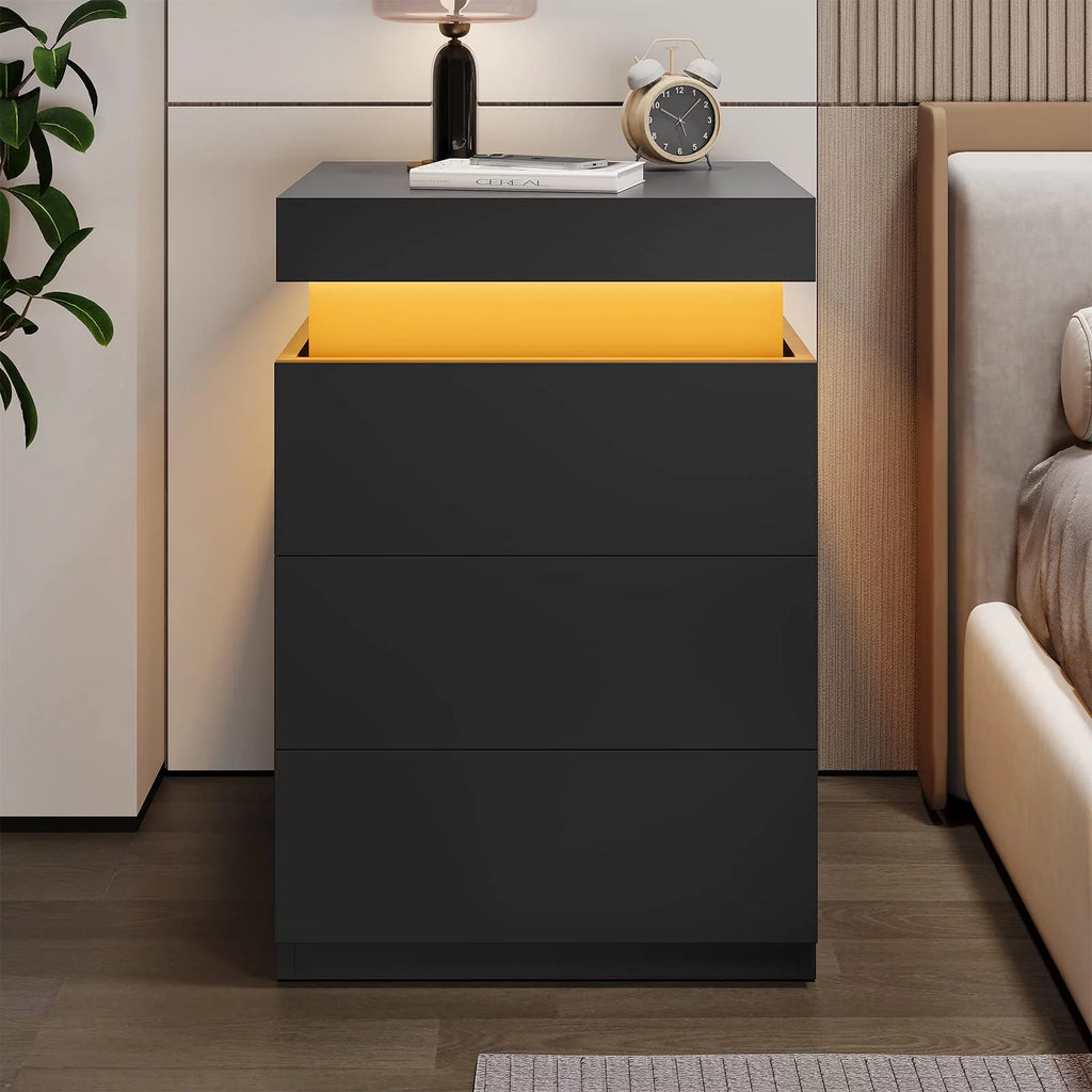Black LED Nightstands Set of 2 with Charging Station and 3 Drawers Q8694