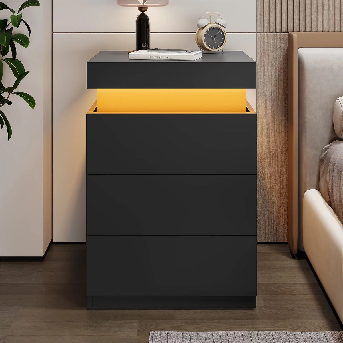 Black LED Nightstands Set of 2 with Charging Station and 3 Drawers Q8694
