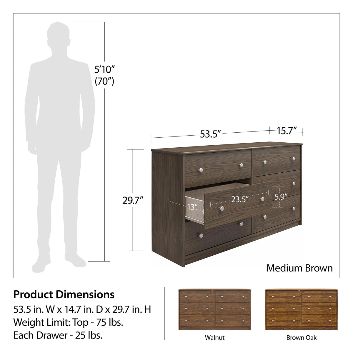 Brown Oak 6 Drawer Wide Dresser B893