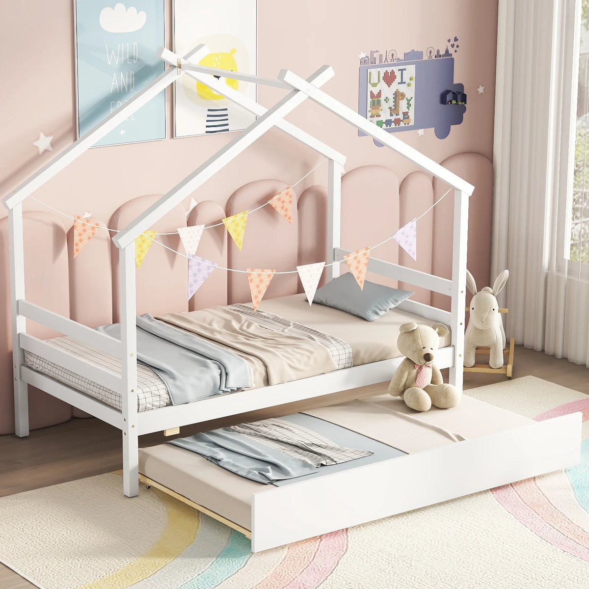 Twin Size White Bed Frame with Trundle S35927