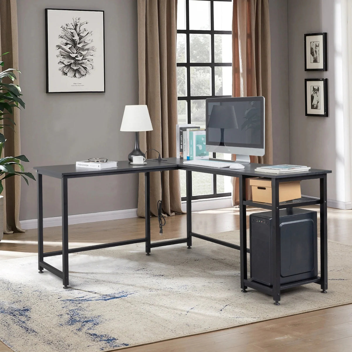 L-Shaped Computer Desk with Power Outlets & Shelf I3620