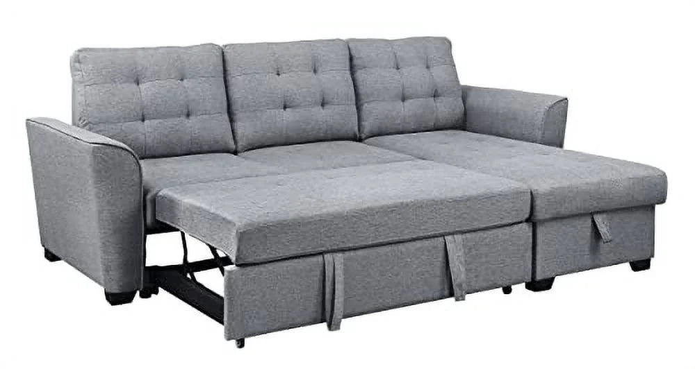 Light Gray Linen Sleeper Sectional Sofa with Storage Chaise Y556931