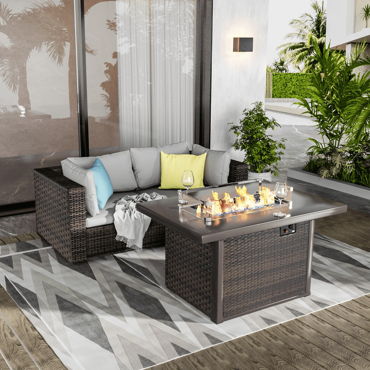11 PCS Black Wicker Patio Furniture Set with Fire Pit Table E7040
