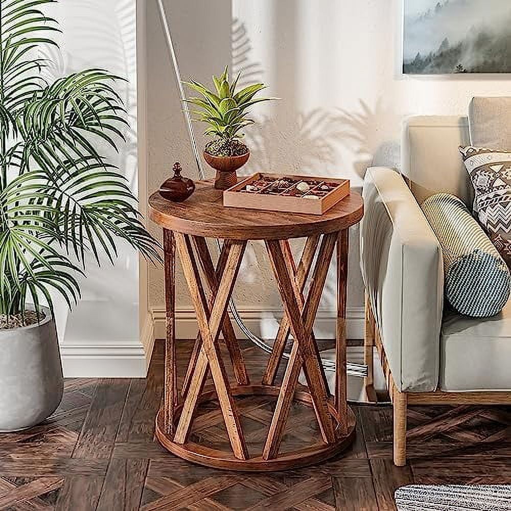Farmhouse Round End Table with X-Motifs Legs Wood Textured Top J437456