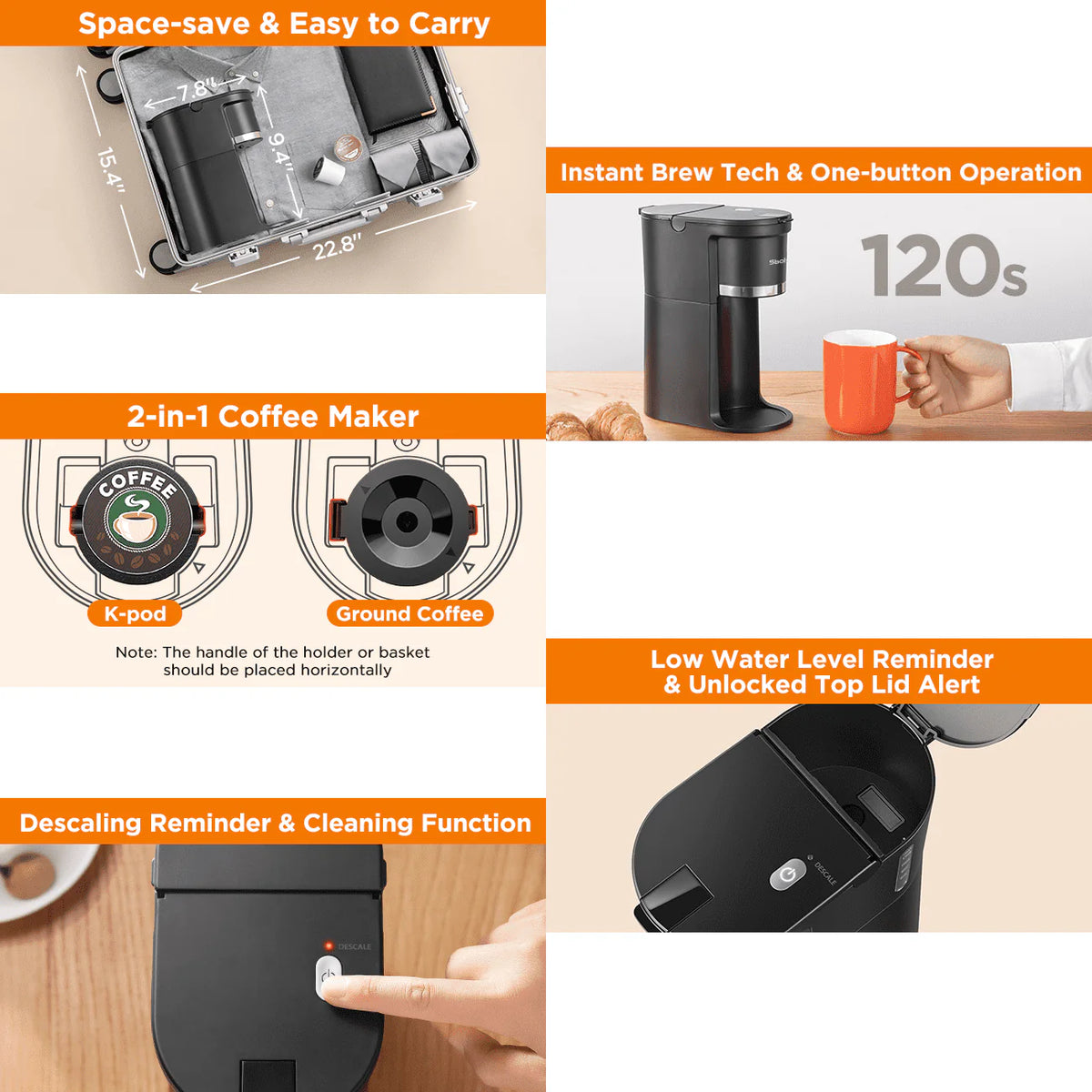 Single Serve Coffee Maker for K Cup & Ground Coffee, 6 to 12 Oz, Black E3395