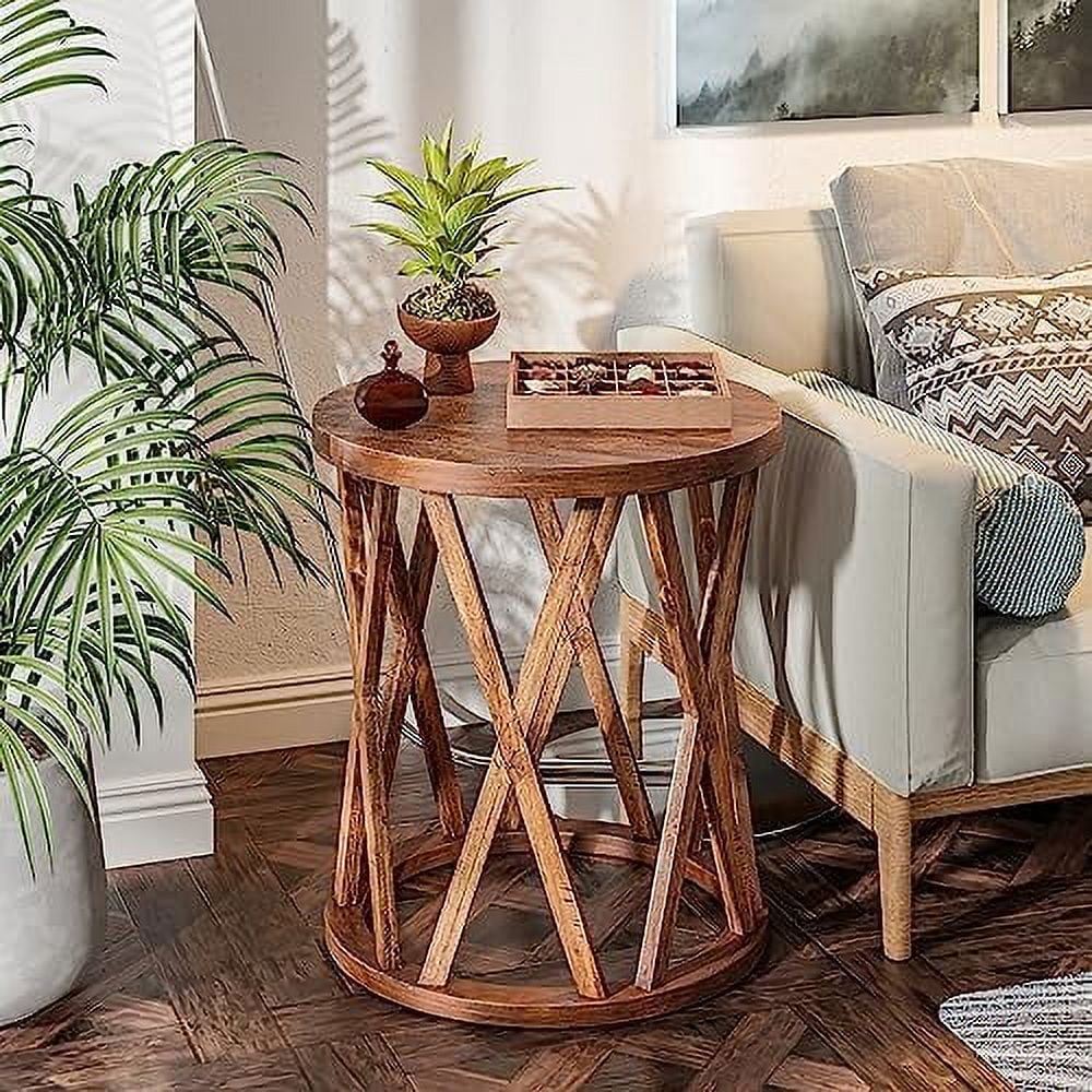 Farmhouse Round End Table with X-Motifs Legs Wood Textured Top J437456