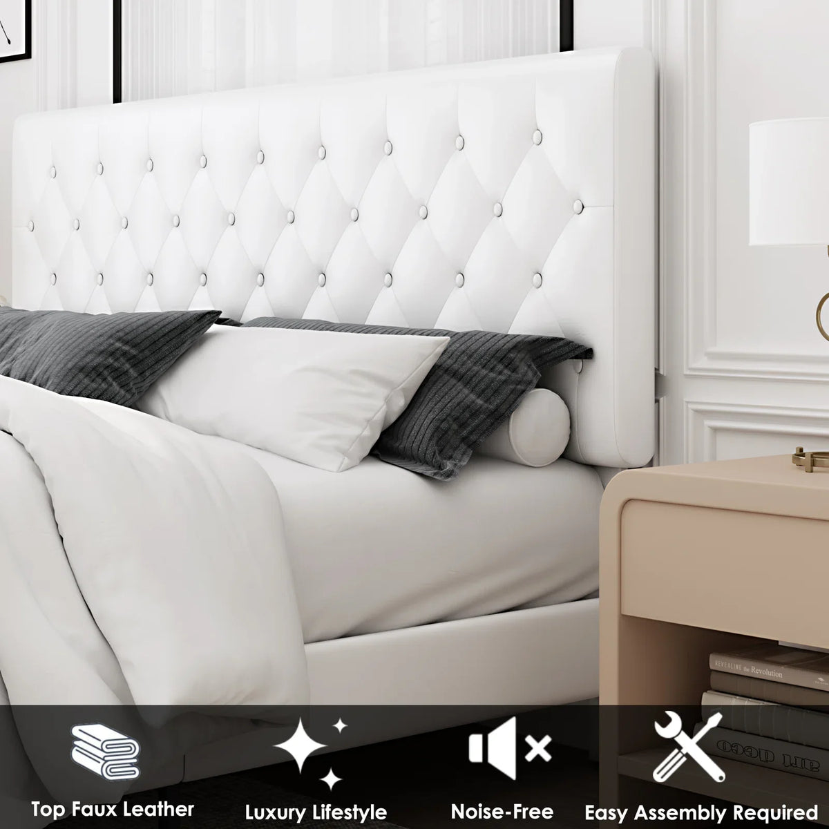White Faux Leather Upholstered King Bed Frame X157