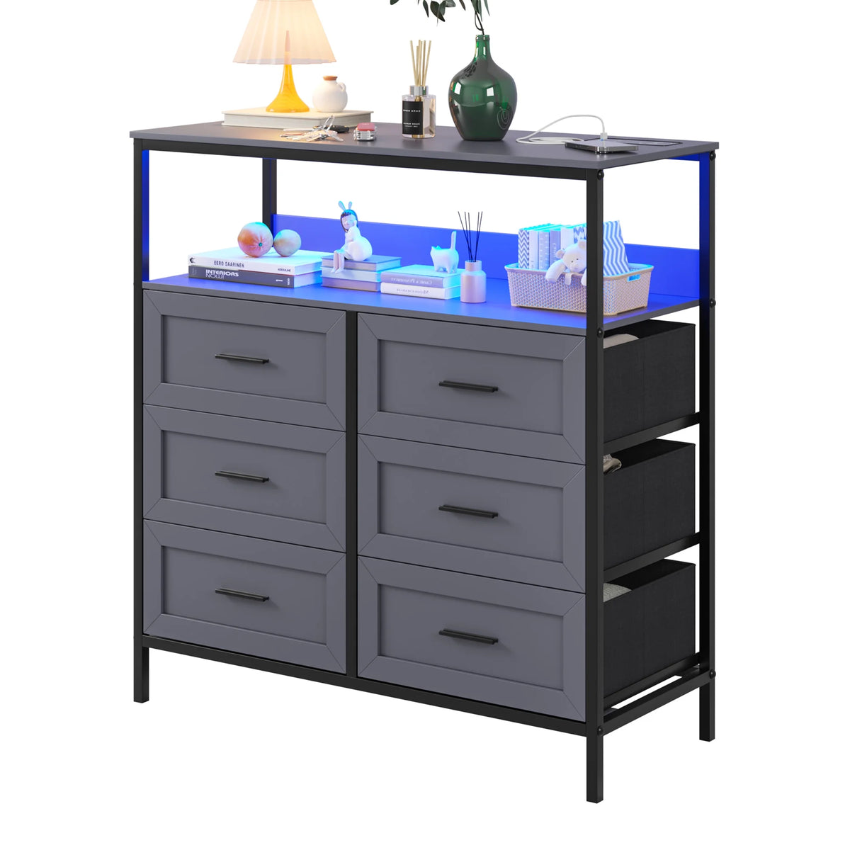 Dark Grey 6 Drawer Dresser with Charging Station and LED Lights I6053