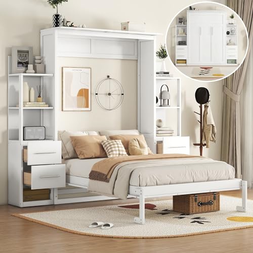 White Full Murphy Bed with Storage Shelves and Drawers W12828