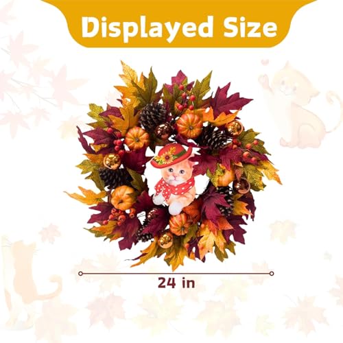 24" Fall Wreath with Pumpkins, Maple Leaves & Timer LED Lights W71762