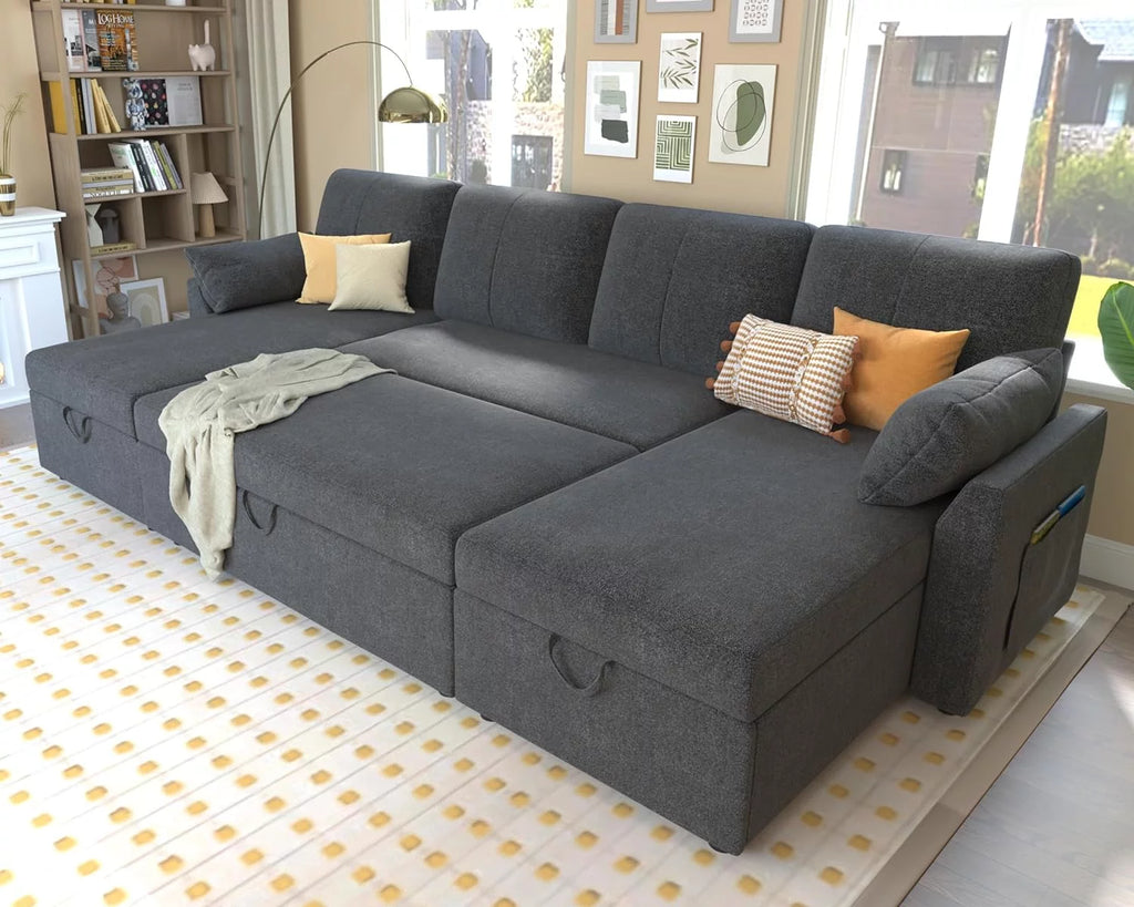 Gray Chenille Sleeper Sofa with Storage Chaise Z11846