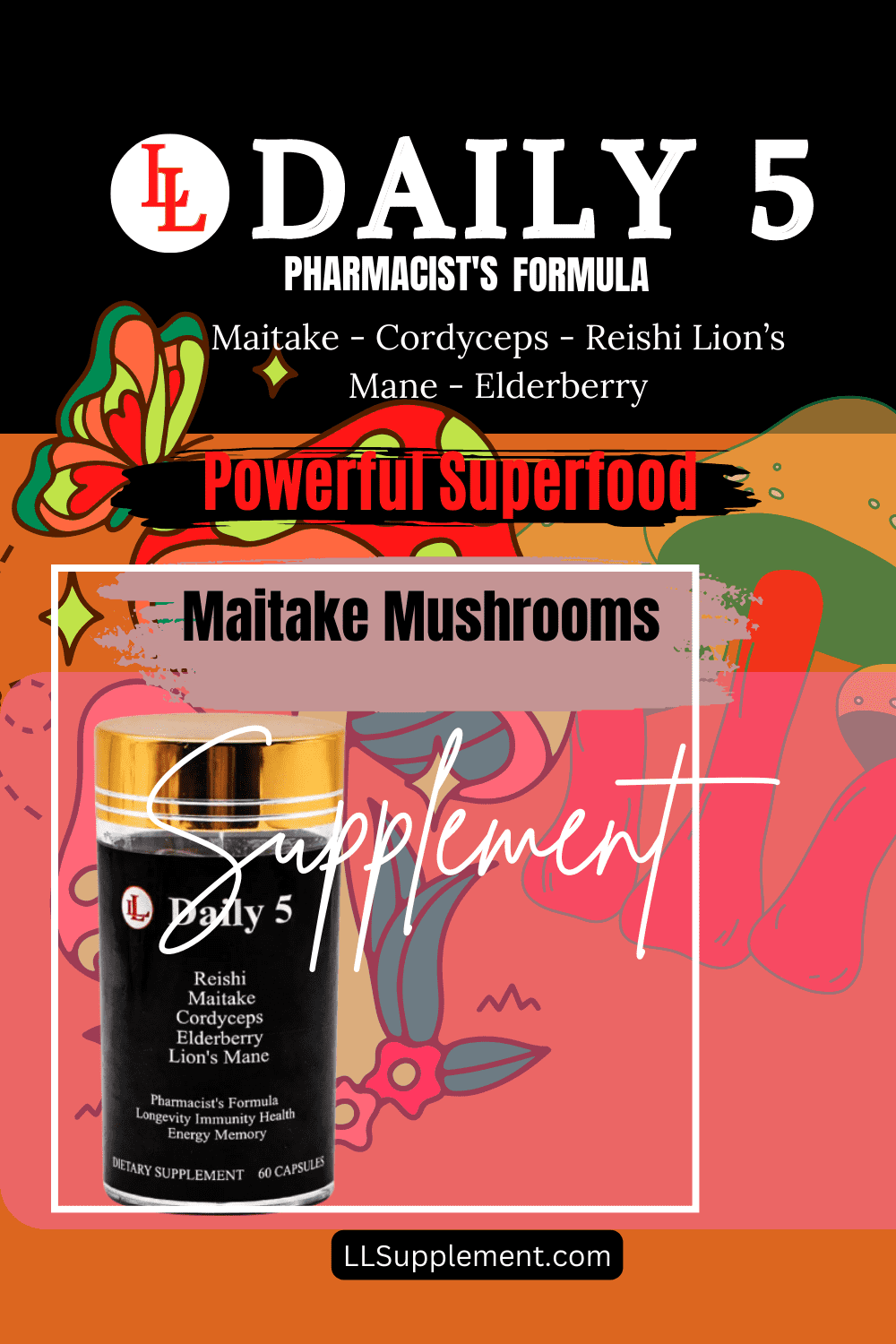 Antioxidants Reishi Maitake Cordyceps Lions Mane Elderberry Supplement I26970