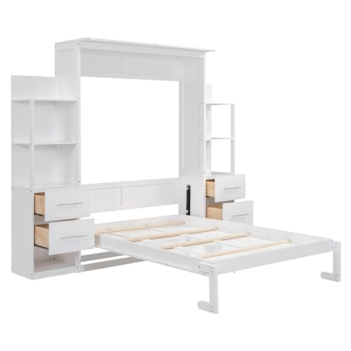 White Full Murphy Bed with Storage Shelves and Drawers W12828