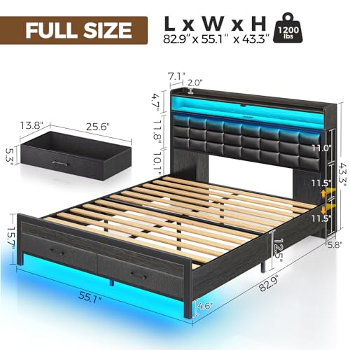 Black Full Size Upholstered Platform Bed Frame with Storage Headboard and 2 Drawers N2925