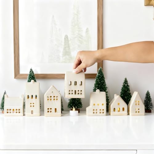 White Ceramic Christmas Village Set with LED Tea Lights and Mini Trees I597