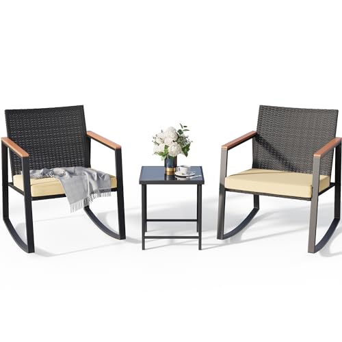 3 Pieces Wicker Patio Bistro Set with Glass Table and Cushion C25685