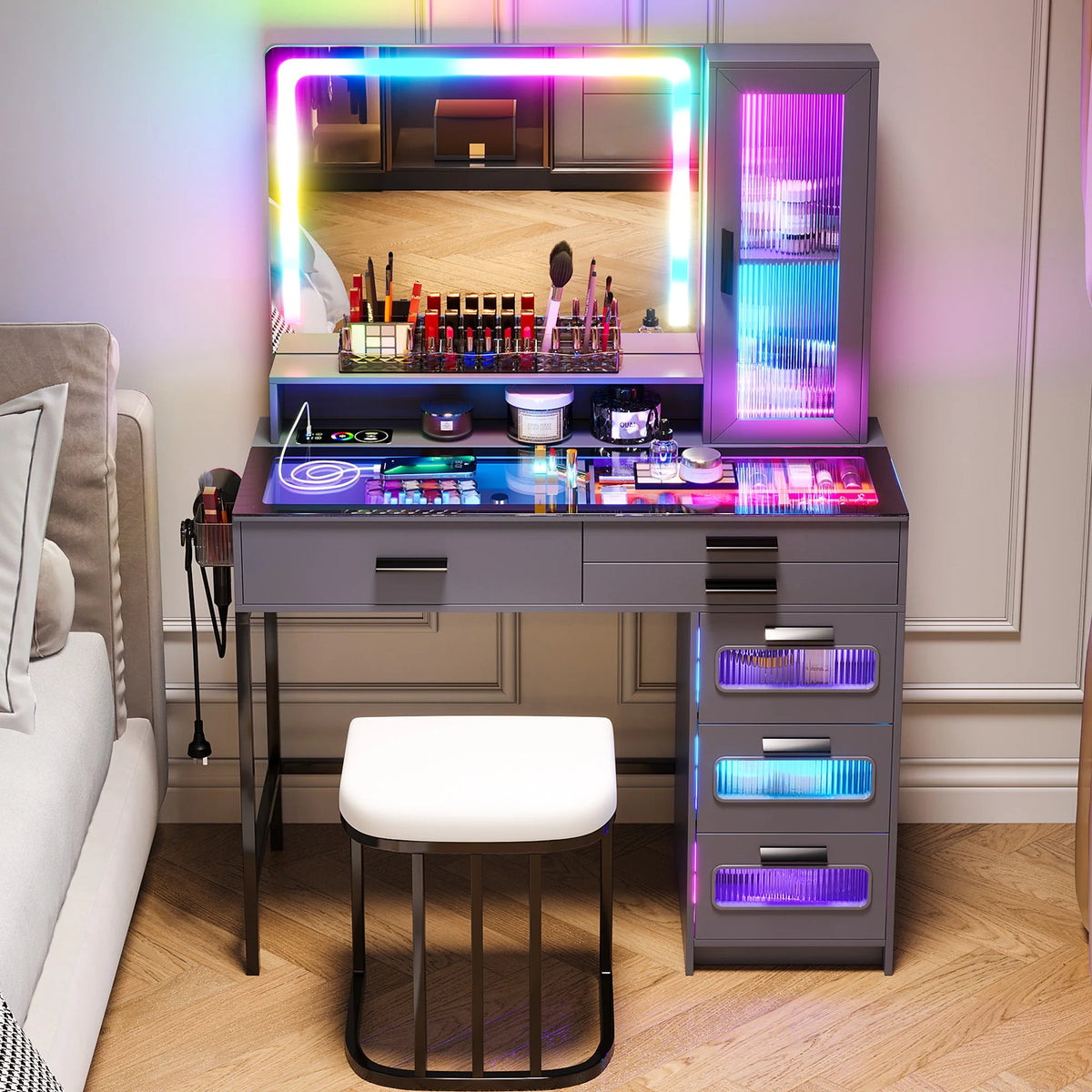 Grey Vanity Desk with Mirror and Stool D147