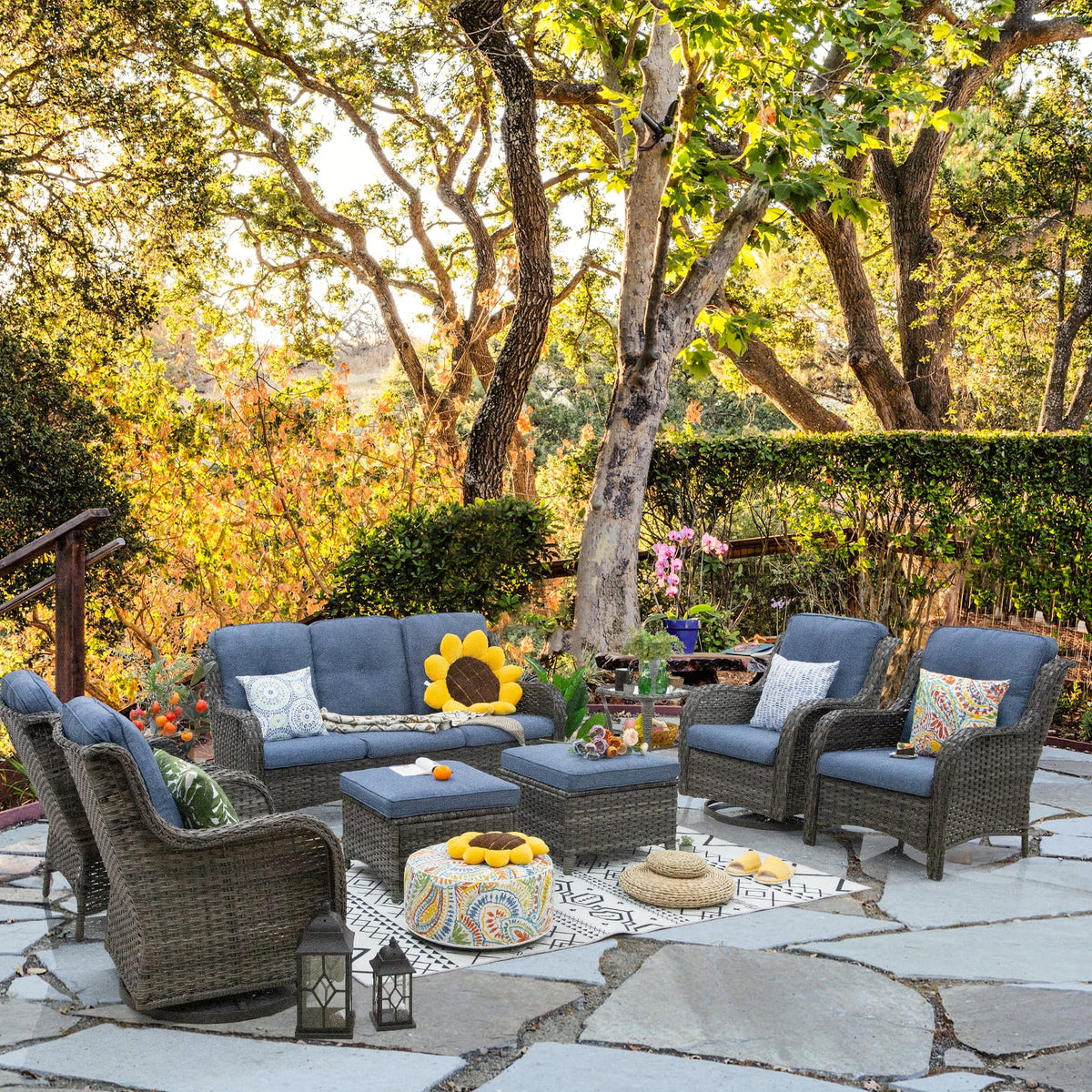 8 Pieces Outdoor Furniture Set with 3-Seat Sofa Swivel Rocking Chairs M2494