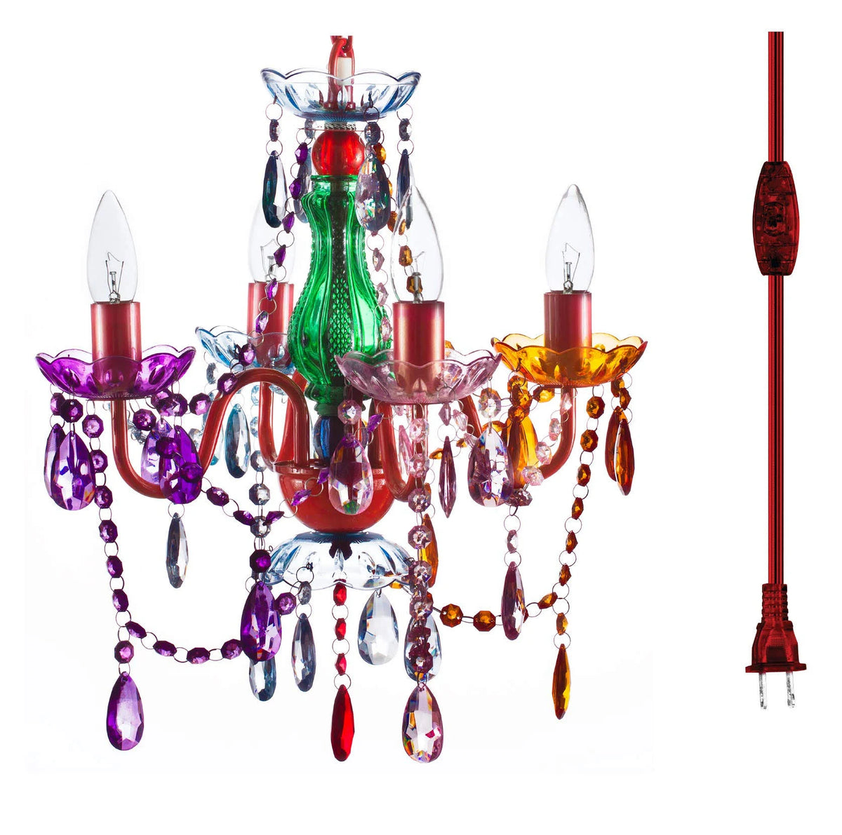 4 Light Multicolor Hanging Swag Chandelier Red Metal Green Glass Y822