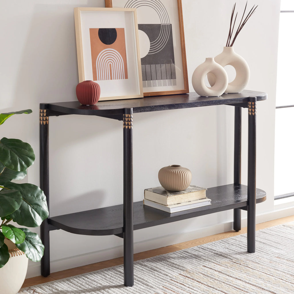 Black Natural Wood Console Table with Shelf V2601